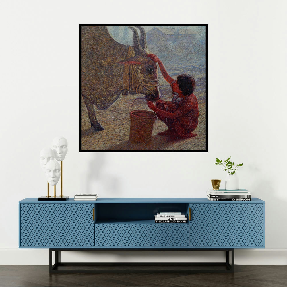 'Relation (Boy and Bull)' painting by Nanasaheb Yeole shown on a wall in a furnished room.