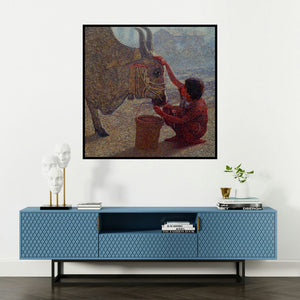 'Relation (Boy and Bull)' painting by Nanasaheb Yeole shown on a wall in a furnished room.