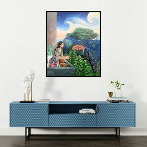 Subhamita Sarkar's 'The Relationship' painting visualized above a sofa in a contemporary room.