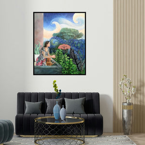 'The Relationship' painting by Subhamita Sarkar shown on a wall in a furnished room.