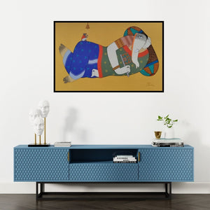 Preview of 'Relax Mood In Ganesha (Reclining Ganesha)' Painting by Kiran Sherkhane shown on a wall in a furnished room.