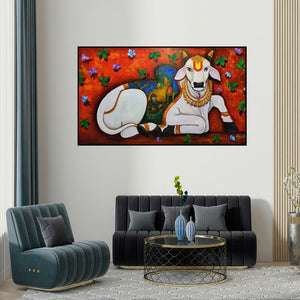 Arjun Das's 'Religious Bull (Nandi: The Sacred Bull)' painting visualized above a sofa in a contemporary room.