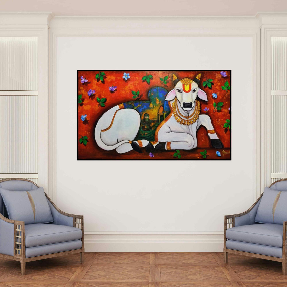 'Religious Bull (Nandi: The Sacred Bull)' painting by Arjun Das shown on a wall in a furnished room.
