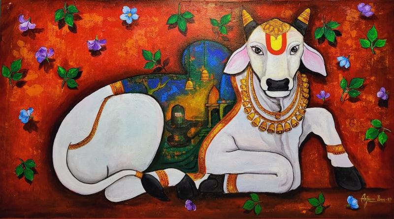 Religious acrylic painting titled 'Religious Bull', 36x60 inches, by artist Arjun Das on Canvas