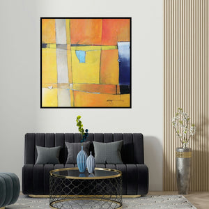 Amrish Malvankar's 'Remanat 46 (Intersecting Paths)' painting visualized above a sofa in a contemporary room.