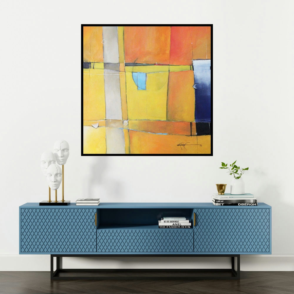 'Remanat 46 (Intersecting Paths)' painting by Amrish Malvankar shown on a wall in a furnished room.