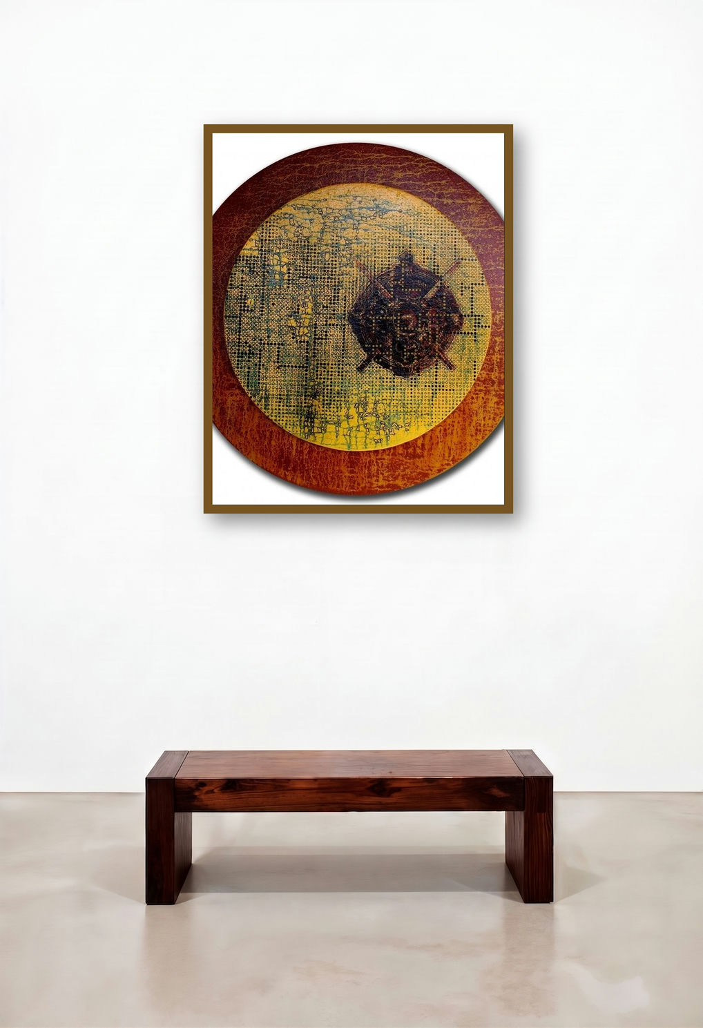 Remembrance Of Nostalgia (Golden Shield) by artist T Raju Gopalarao displayed in a Transitional Family Room
