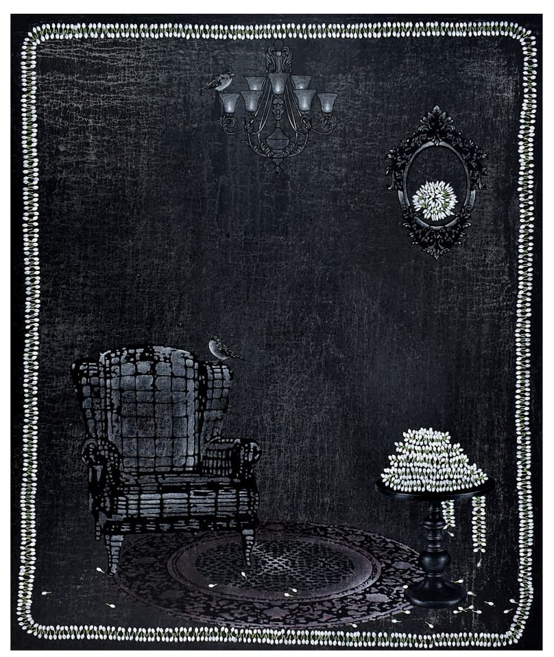 Reminiscences Of Fragrance 3' contemporary mixed-media painting by artist Raju T, 72x59 inch, on canvas