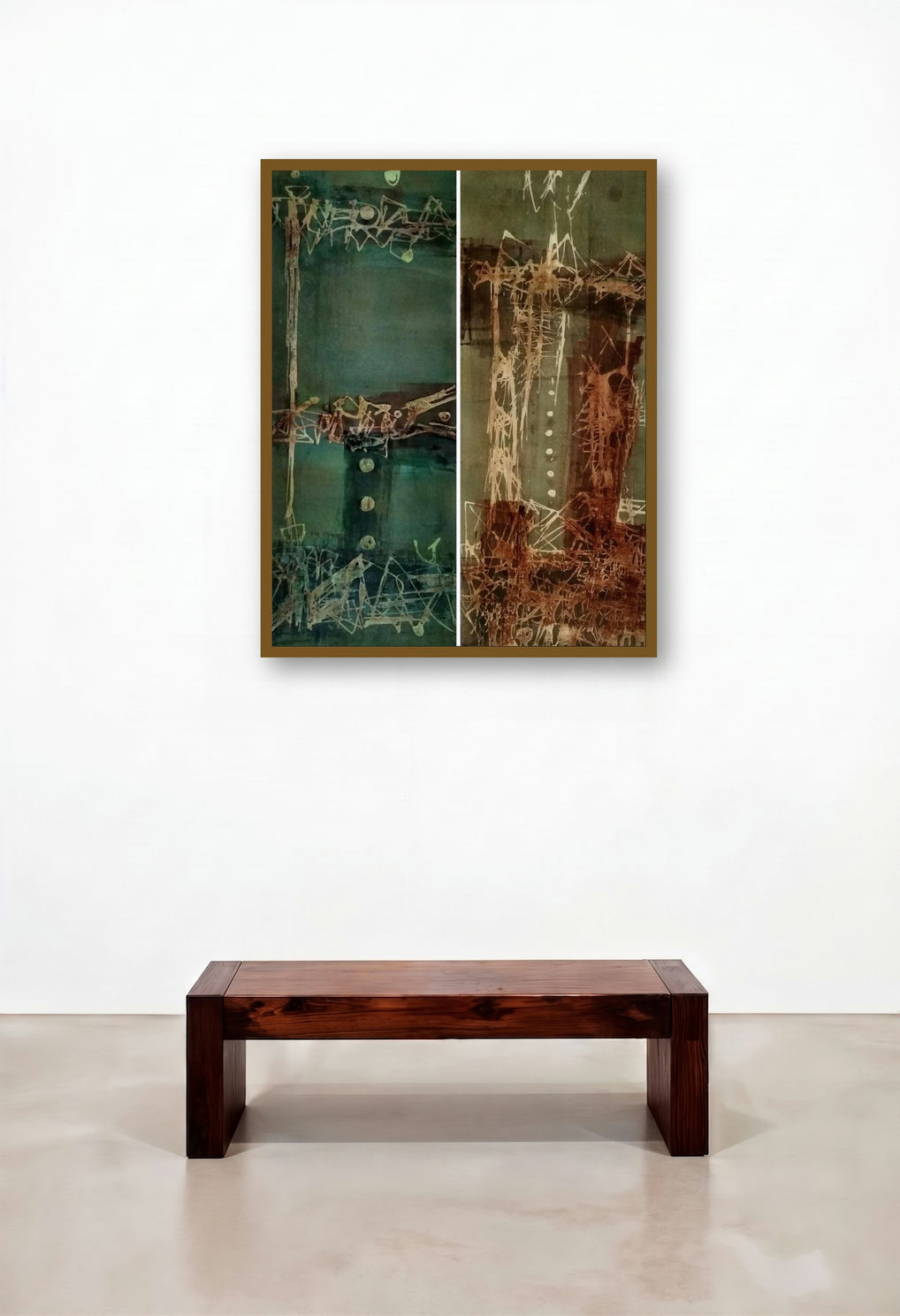 Reminiscent Of Ancient Tribe 2 (Abstract Diptych in Earthy Tones) by artist Kaushlendra Pratap Singh displayed in a Modern Study