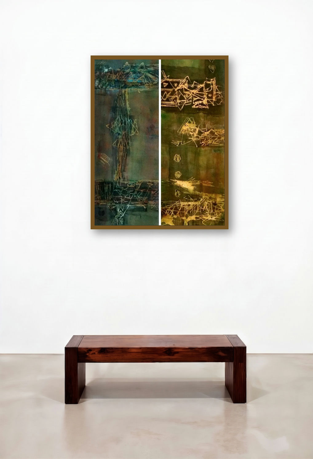 Reminiscent Of Ancient Tribe 3 (Abstract Diptych in Golden Greens) by artist Kaushlendra Pratap Singh displayed in a Eclectic Hotel Lobby