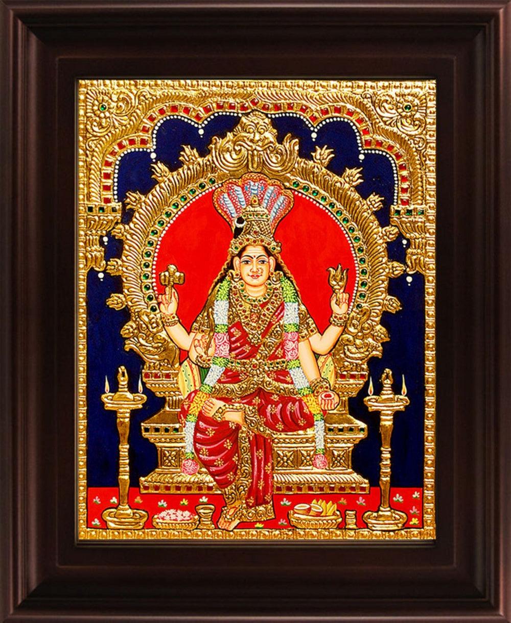 Religious tanjore traditional art titled 'Renuka Devi Tanjore Painting', 24x18 inches, by artist Myangadi Tanjore on Plywood