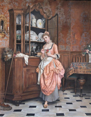 Reproduction 8 (Woman in Traditional Interior) by Shyam Verma, Original Oil Figurative Painting on Canvas, Large Vertical Wall Art