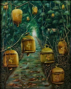 Resonate To Goddess Saraswati (Path of Resonance) by Yamuna Bala, Original Oil Religious Painting on Canvas, Medium Vertical Wall Art