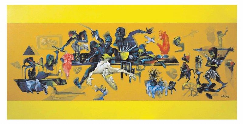 Figurative acrylic painting titled 'Respect women II', 72x36 inches, by artist Mahesh Pal Gobra on canvas