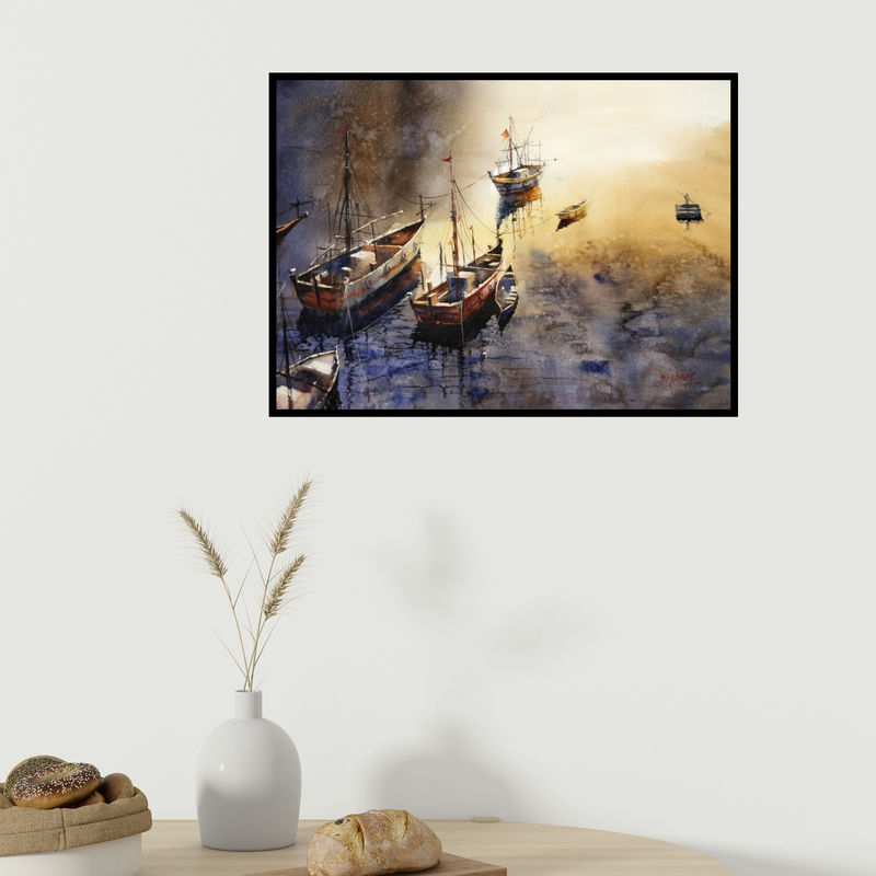 In-situ view of Sanjay Dhawale's 'Rest (Golden Hour at the Harbor)' painting in a room