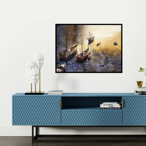 Preview of 'Rest (Golden Hour at the Harbor)' Painting by Sanjay Dhawale shown on a wall in a furnished room.