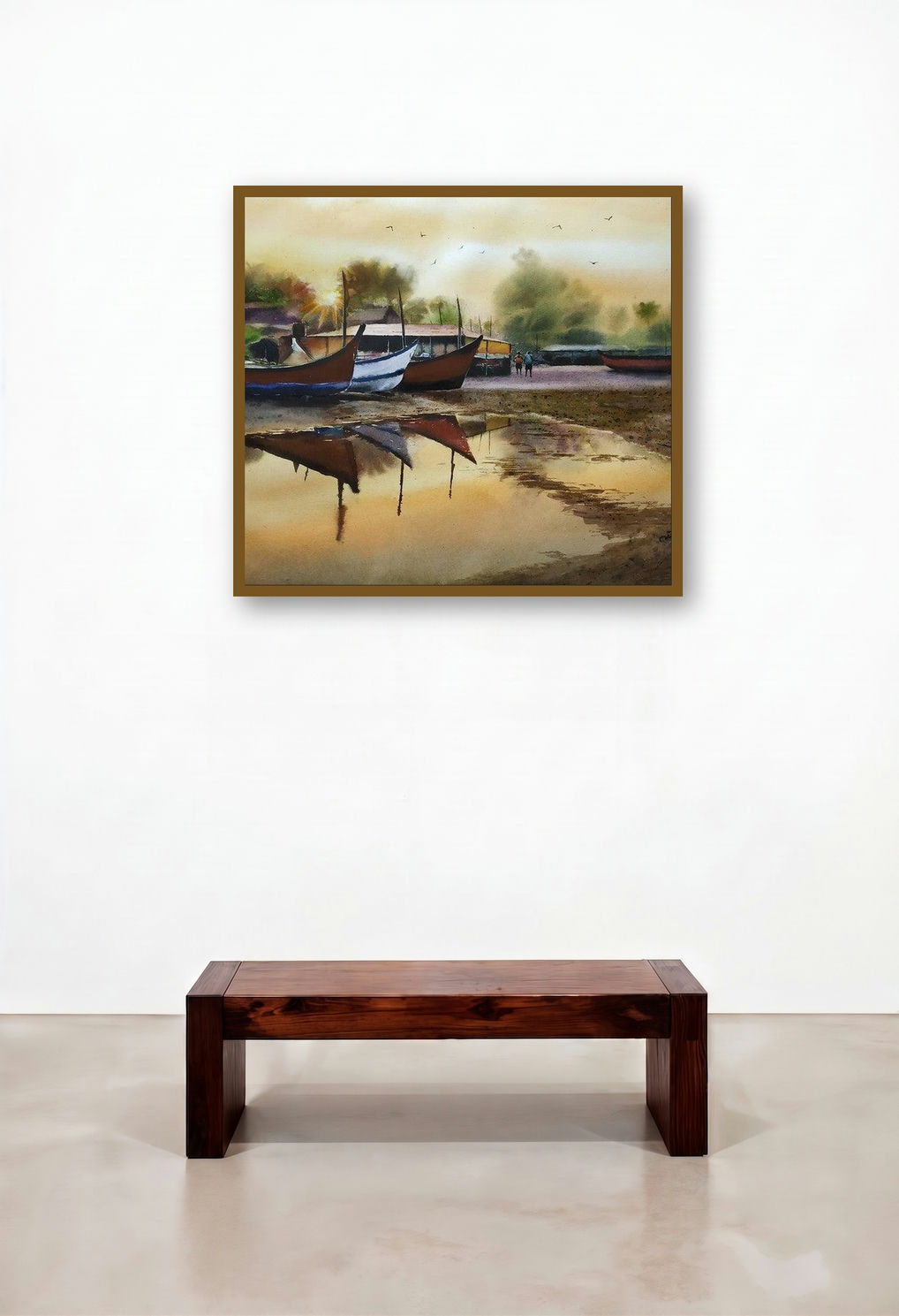 Resting Boats (End of Day at the Shore) by artist Niketan Bhalerao displayed in a Scandinavian Library