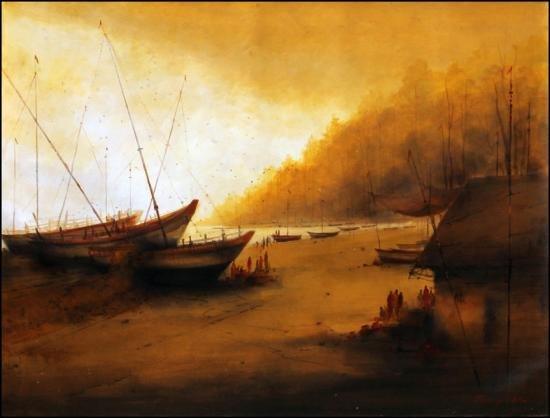 Landscape acrylic painting titled 'Resting Time', 30x40 inches, by artist Parag Adhikari on canvas