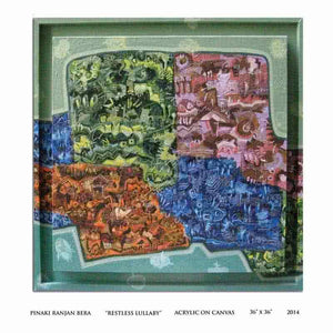 Abstract acrylic painting titled 'Restless Lullaby', 36x36 inches, by artist Pinaki Ranjan Bera on Canvas