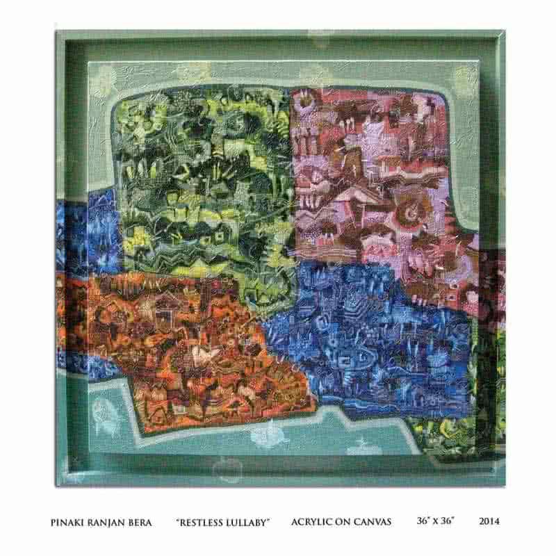 Abstract acrylic painting titled 'Restless Lullaby', 36x36 inches, by artist Pinaki Ranjan Bera on Canvas