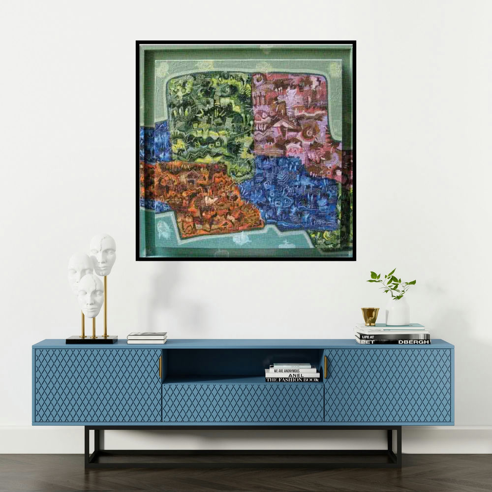 'Restless Lullaby (Nocturne in Hues: A Symphony of Dreams)' painting by Pinaki Ranjan Bera shown on a wall in a furnished room.