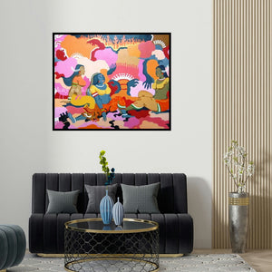 'Retrospections' painting by Narayanankutty Kasthuril shown on a wall in a furnished room.