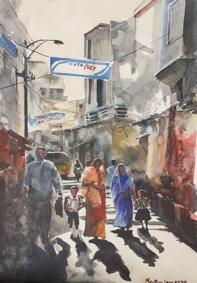 Cityscape watercolor painting titled 'Returning from school', 14x11 inches, by artist Mrutyunjaya Dash on paper