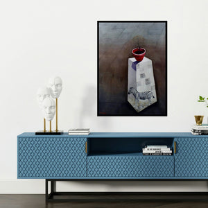 'Reviving The Lost (Out of Place)' painting by Neeraj Khandka shown on a wall in a furnished room.
