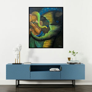 Anupam Pal's 'Rhydam Divine 12 (Cosmic Harmony)' painting visualized above a sofa in a contemporary room.