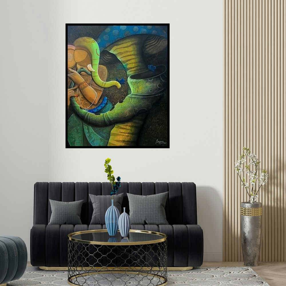 'Rhydam Divine 12 (Cosmic Harmony)' painting by Anupam Pal shown on a wall in a furnished room.