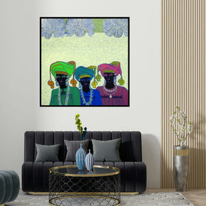 Anuradha Thakur's 'Rhythm 16 (Three Figures)' painting visualized above a sofa in a contemporary room.