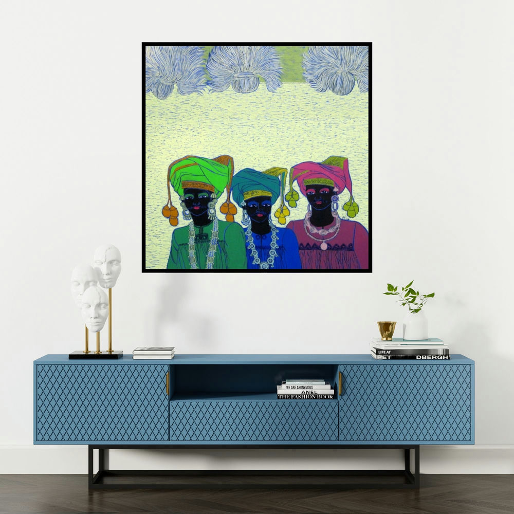'Rhythm 16 (Three Figures)' painting by Anuradha Thakur shown on a wall in a furnished room.