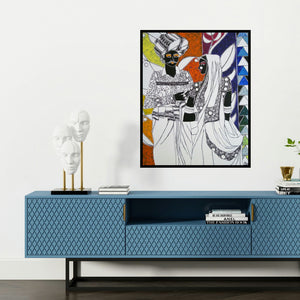 'Rhythm 28 (Couple)' painting by Anuradha Thakur shown on a wall in a furnished room.