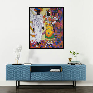 Anuradha Thakur's 'Rhythm 34 (Couple in Traditional Attire)' painting visualized above a sofa in a contemporary room.