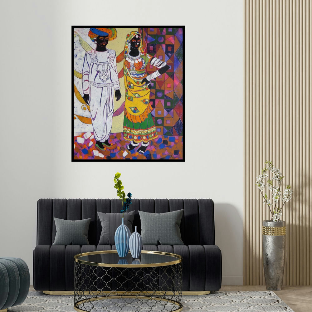'Rhythm 34 (Couple in Traditional Attire)' painting by Anuradha Thakur shown on a wall in a furnished room.