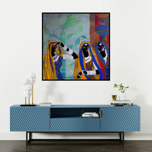 'Rhythm 37 (Three Women)' painting by Anuradha Thakur shown on a wall in a furnished room.