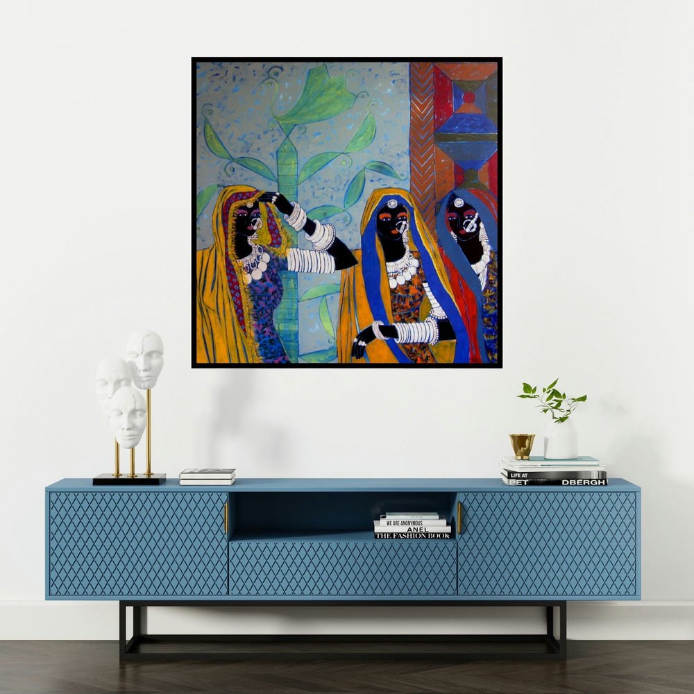 'Rhythm 37 (Three Women)' painting by Anuradha Thakur shown on a wall in a furnished room.