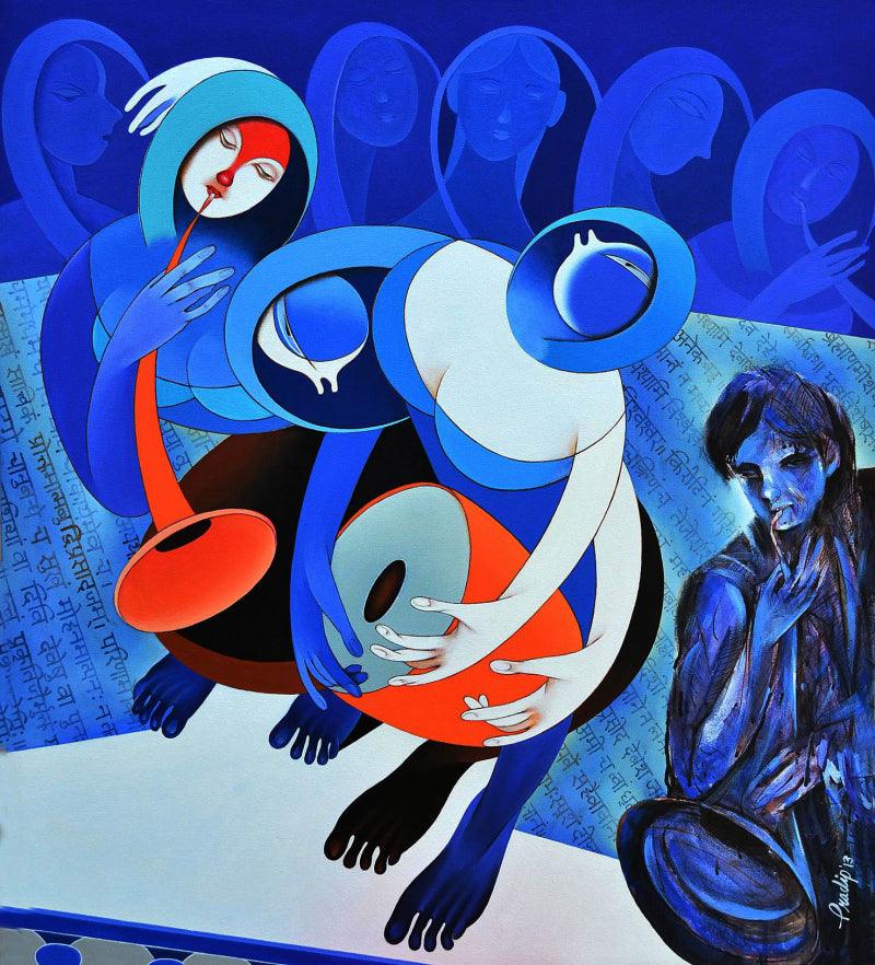 Figurative acrylic painting titled 'Rhythm And Melodies 3', 37x34 inches, by artist Pradip Sarkar on Canvas