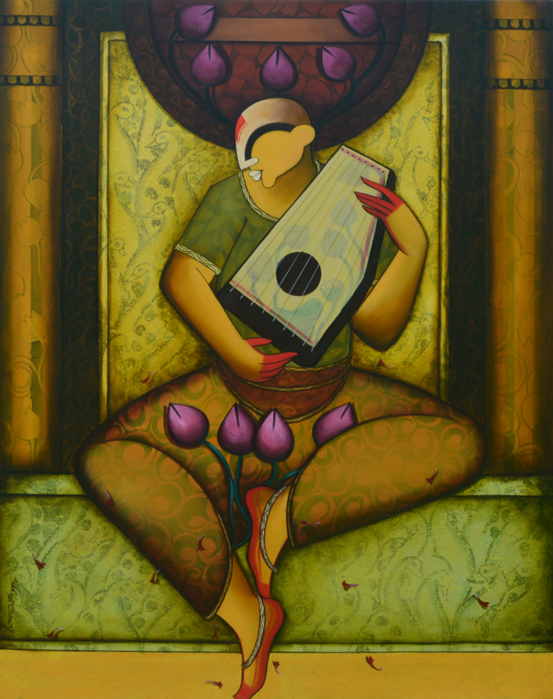 'Rhythm Of Devotion' figurative acrylic painting by artist Anupam Pal, 60x48 inch, on canvas