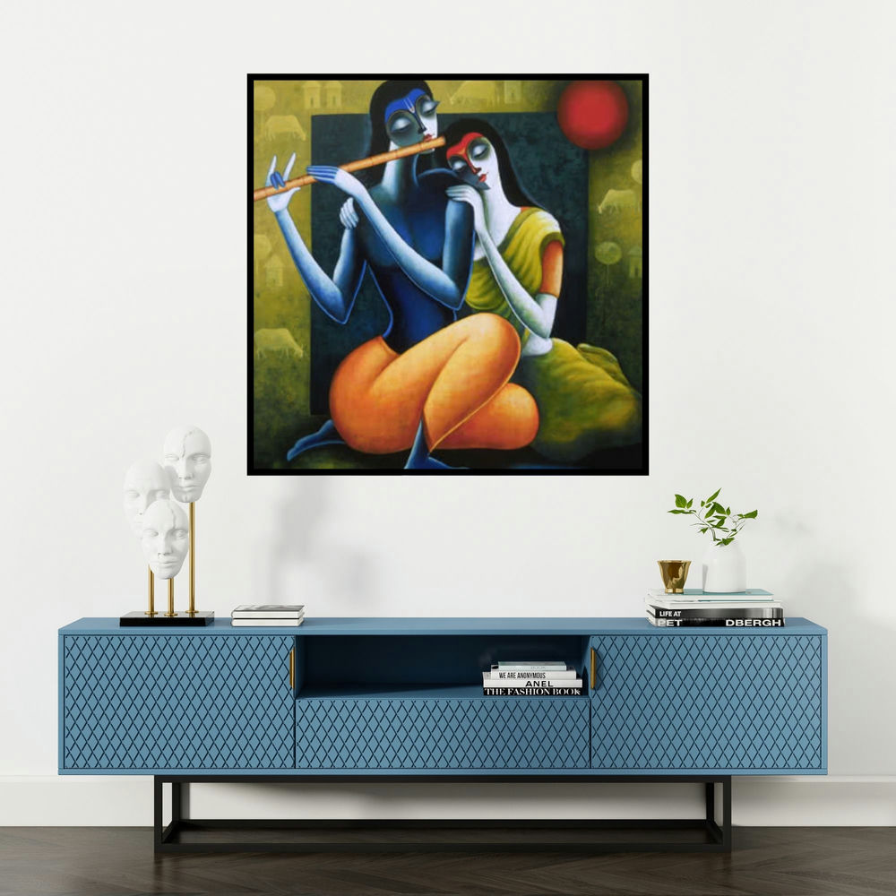'Rhythm Of Love Ii' painting by Santosh Chattopadhyay shown on a wall in a furnished room.