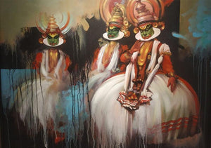 Rhythm New (The Graceful Dance of Kathakali) by Bappa Haldar, Original Acrylic Figurative Painting on Canvas, Medium Horizontal Wall Art