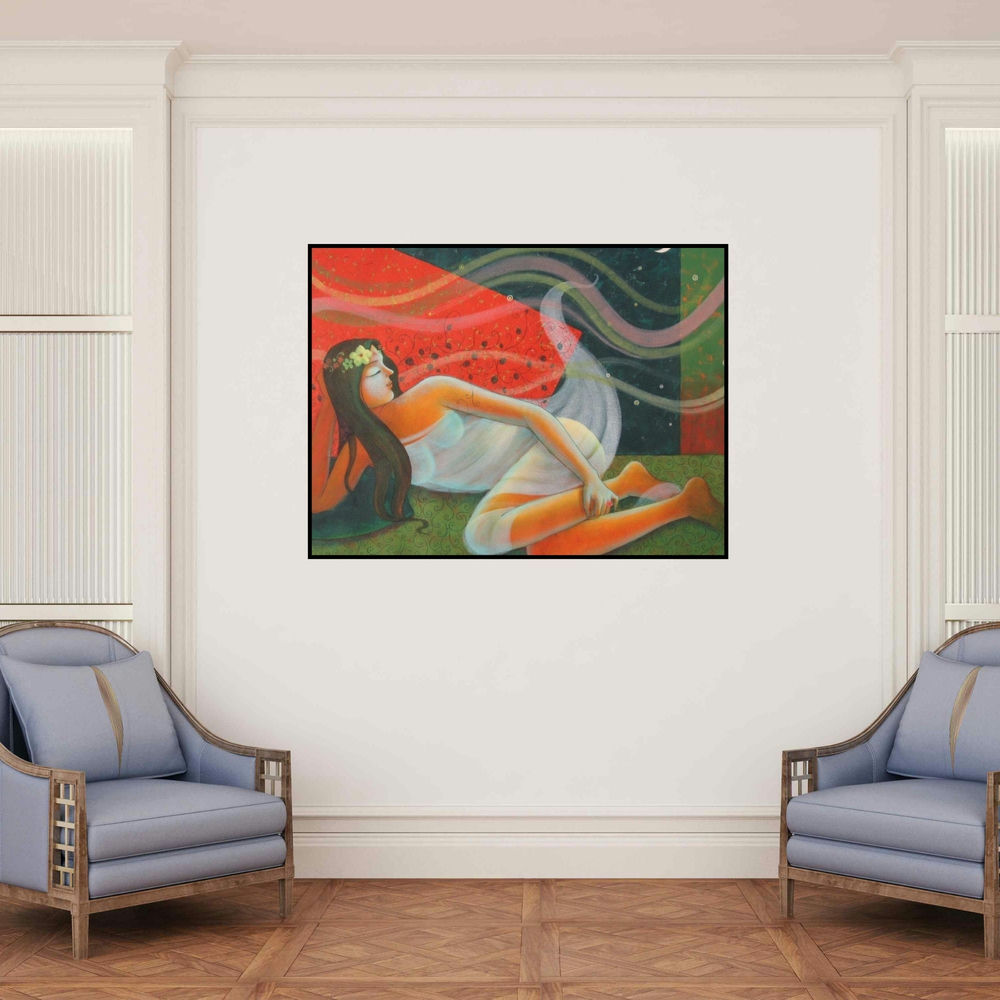 'Rhythm Of Night 11' painting by Pallavi Deodhar shown on a wall in a furnished room.