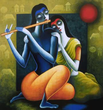 Figurative acrylic painting titled 'Rhythm Of Love II', 36x36 inches, by artist Santosh Chattopadhyay on Canvas