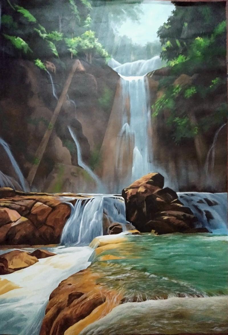 Landscape acrylic painting titled 'Rhythm of water', 38x25 inches, by artist Lisha N T on Canvas