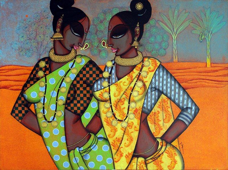 Figurative acrylic painting titled 'Rhythmic 15', 40x30 inches, by artist Varsha Kharatamal on Canvas