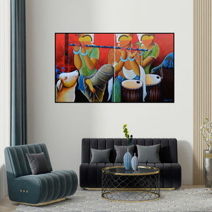 Anupam Pal's 'Rhythmic Conversation' painting visualized above a sofa in a contemporary room.