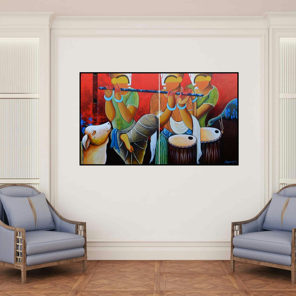 'Rhythmic Conversation' painting by Anupam Pal shown on a wall in a furnished room.