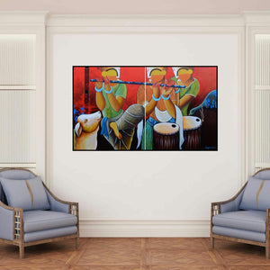 'Rhythmic Conversation' painting by Anupam Pal shown on a wall in a furnished room.