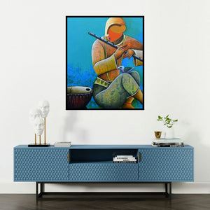 Anupam Pal's 'Rhythmic Conversation 21' painting visualized above a sofa in a contemporary room.