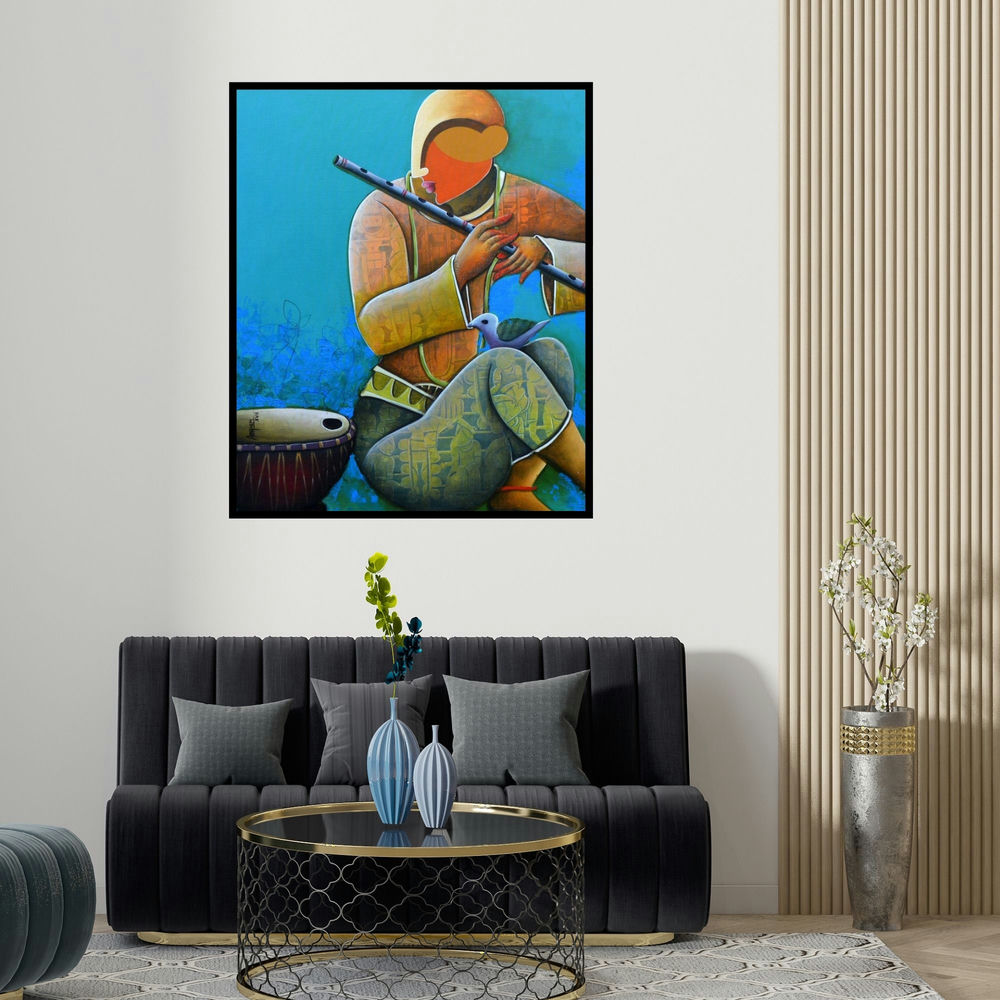 'Rhythmic Conversation 21' painting by Anupam Pal shown on a wall in a furnished room.